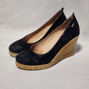 Viscata Barcelona Black Suede Espadrille Wedge Pumps Made in Spain Size 40